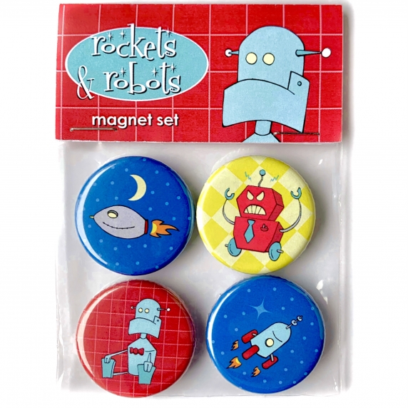 Rockets & Robots Magnet Set- Robot Boy, Grumpy Robot and Two Rockets