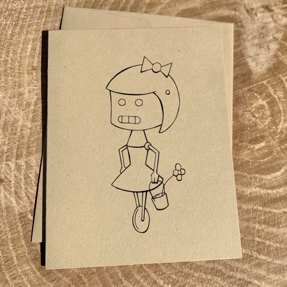 Robot Girl notecard on kraft cardstock, blank inside