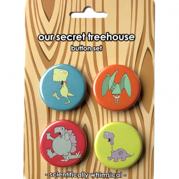 Zombie Dinosaur Button Set - Zombie T. rex, Stegosaur, Brontosaur & Pterosaur