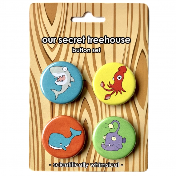 Sea Monsters Button Set- Shark, Giant Squid, Whale & Lantern Fish