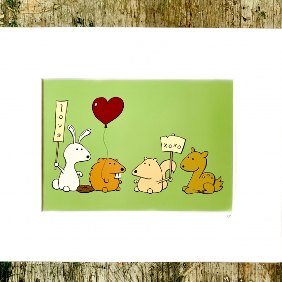 Beaver, Bunny, Squirrel, And Deer- Woodland Critters Series - Green XOXO Print (