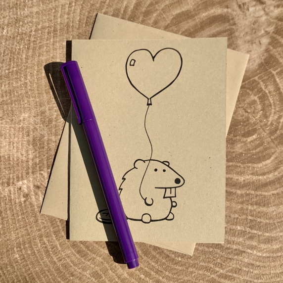 Beaver Card - Beaver with Heart Balloon on kraft cardstock