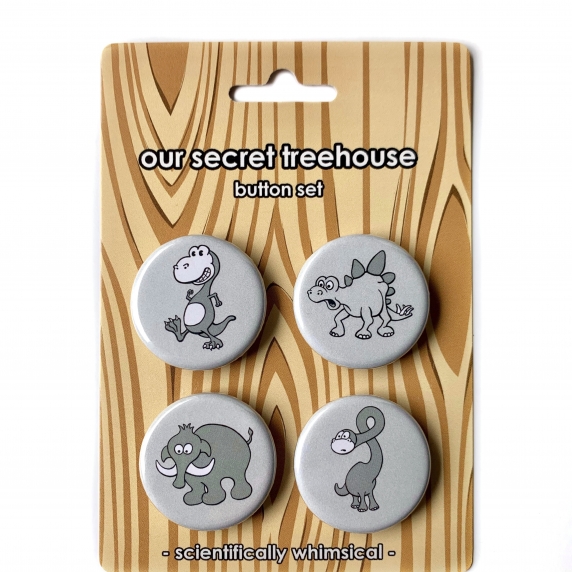 Vintage Style Dinosaur Button Set- T. rex, Brontosaurus, Mastodon & Stegosaurus