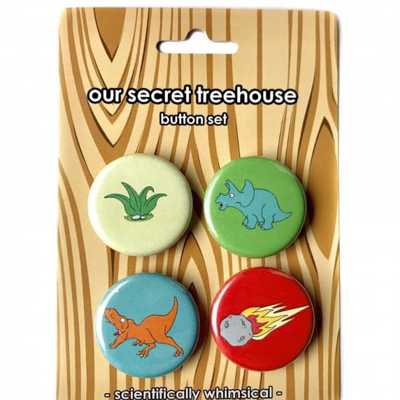 Food Chain Button Set- Plant- Triceratops- T. rex- Asteroid