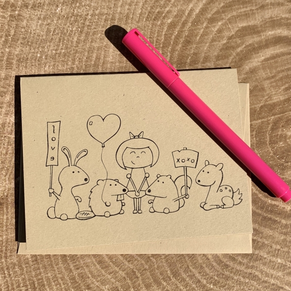 Beaver, Bunny, Girl, Squirrel & Deer notecard on kraft cardstock, blank inside