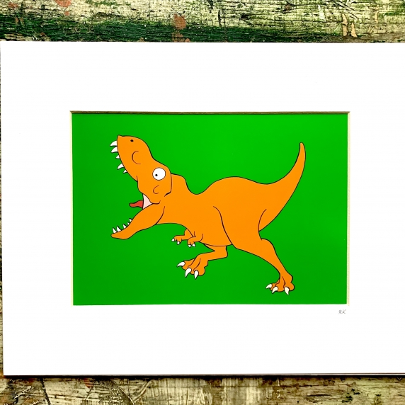Running T. rex Print- Matted print with Green Background