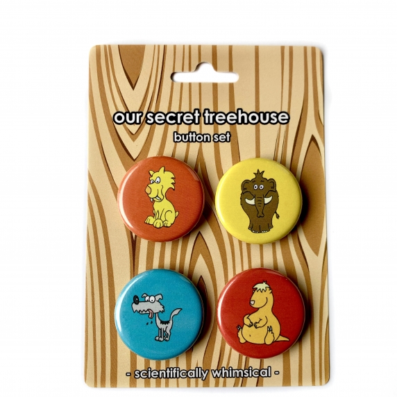 Ice Age Button Set- Smilodon, Dire Wolf, Giant Sloth & Mastodon