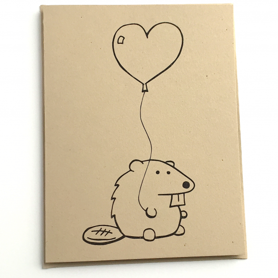 Beaver Card - Beaver with Heart Balloon on kraft cardstock