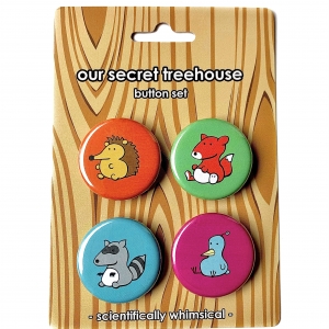 Woodland Critter Button Set - Fox, Hedgehog, Bird & Raccoon