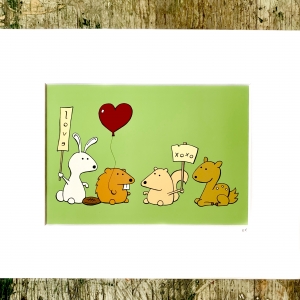 Beaver, Bunny, Squirrel, And Deer- Woodland Critters Series - Green XOXO Print (