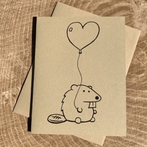 Beaver Card - Beaver with Heart Balloon on kraft cardstock