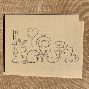 XO card with Woodland Critters and Girl Beaver, Bunny, Girl, Squirrel & Deer notecard on kraft cardstock, blank inside