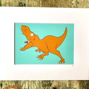 Running T. rex Print- Matted with Blue Background