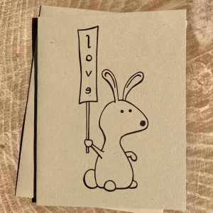 Bunny Card with a Love Sign Bunny cartoon notecard on kraft cardstock, blank inside