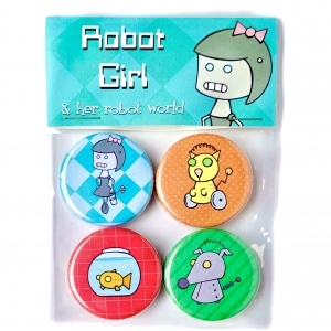 Robot Girl and her robot pets magnet set- robot dog, robot kitty, robot fish