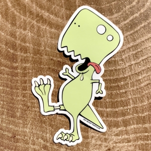 Vinyl sticker of a cartoon zombie T. tex
