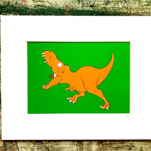 Running T. rex Print- Matted print with Green Background